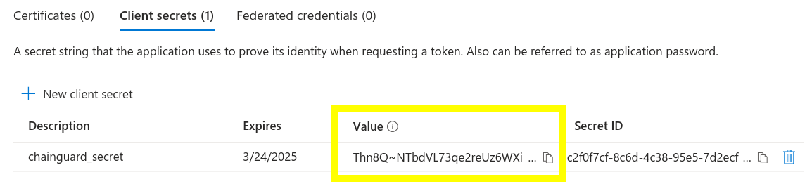 Screenshot showing the 'Client secrets' tab, with the Value highlighted in yellow.