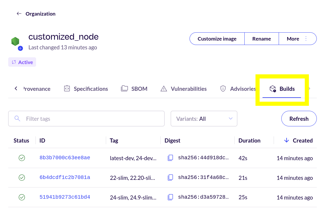 Screenshot of a Custom Assembly container image's Builds tab, with the Builds tab highlighted in a yellow box.