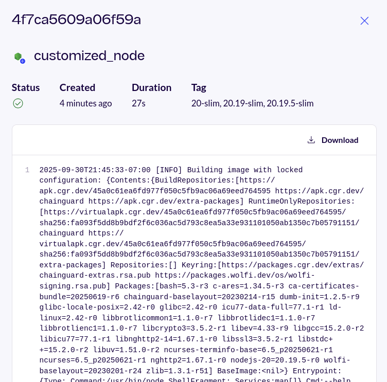 Screenshot of a customized container image build's logs, showing a successful build.